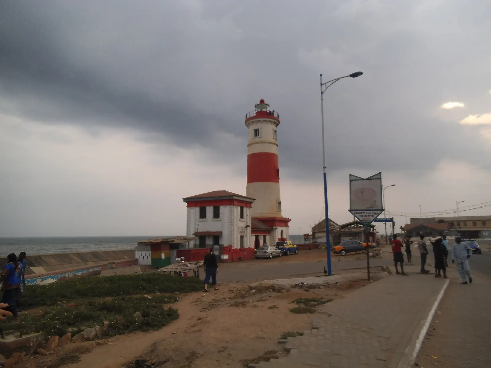 The red-and-white Jamestown Lighthouse on the coast of Accra