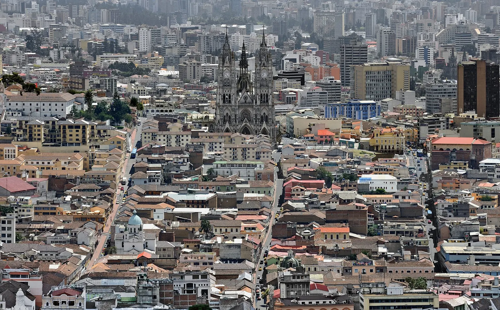 Quito's old town and the Basilica seen from El Panecillo hill