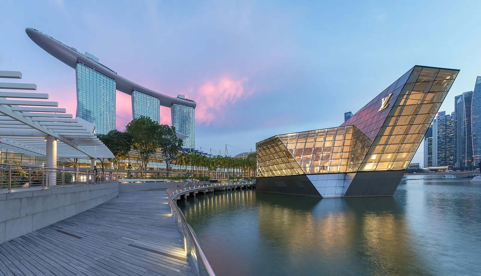 Marina Bay Sands and the waterfront at blue hour in Singapore